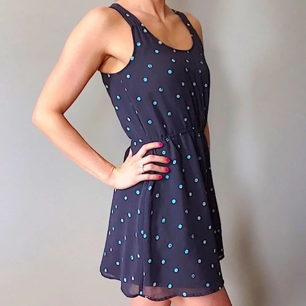 O'Neill Sleeveless Black & Teal Dot Detail Open Back Skater Scoop Neck Dress